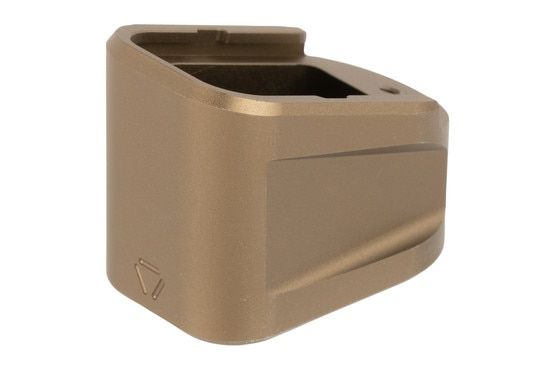 Strike Industries Aluminum Extended Magazine Plate Fits GLOCK 17/22 and has an anodized FDE finish